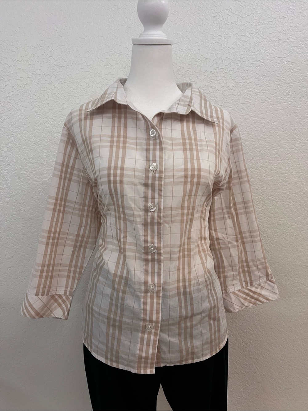 Rebecca Malone Plaid Button Front Blouse Women’s XL Beige White 3/4 Sleeve Top
